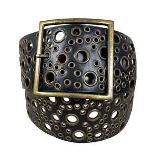 Steampunk Black Faux Leather Wide Grommet Belt Bronze Tone Buckle Punk Grunge